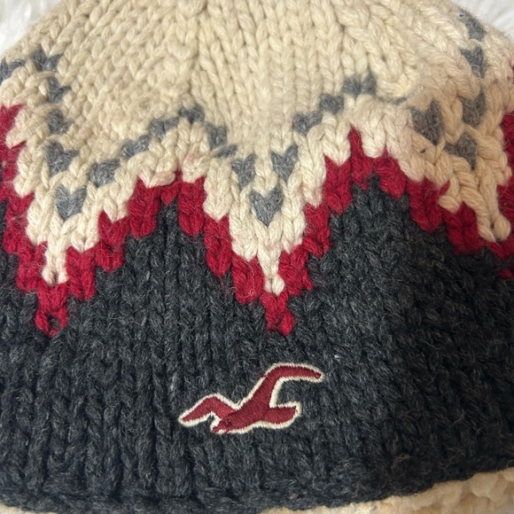 Hollister Red Gray Cream OSFM Sherpa Lined Knit Cap Snow Ski Beanie Y2K wool - Picture 3 of 6